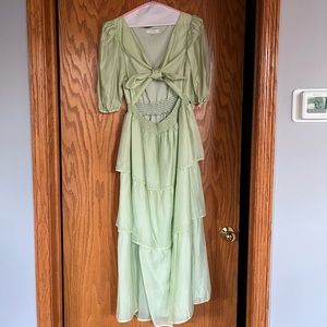 Wayf Ruffled Silk Midi Dress in Seafoam Green